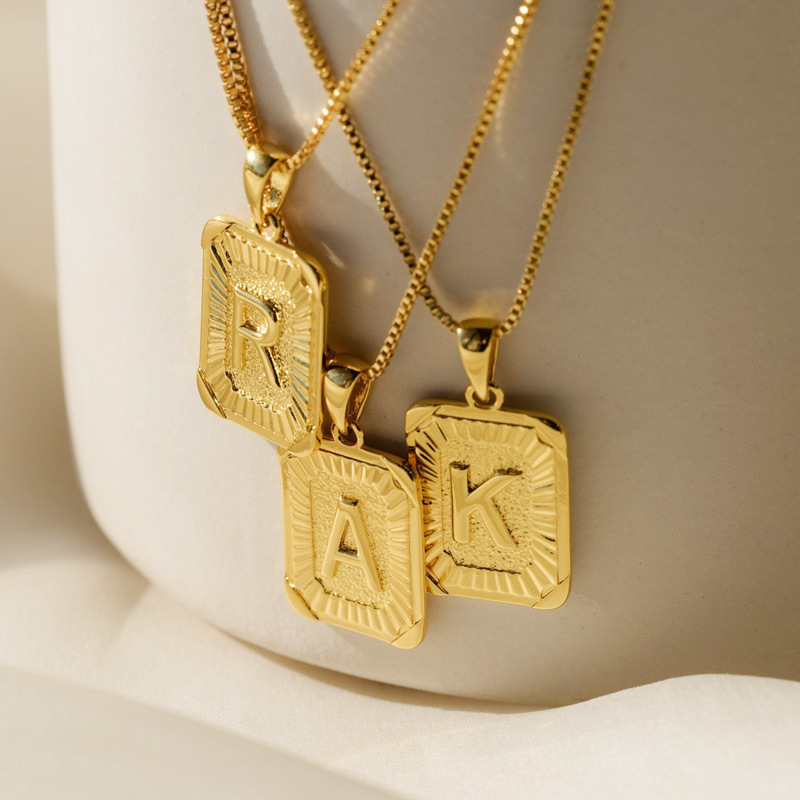 Waterproof Jewelry Non Tarnish Initial Necklace 18k Gold Plated Stainless Steel A-Z Letter Alphabet Rectangle Pendant Necklace