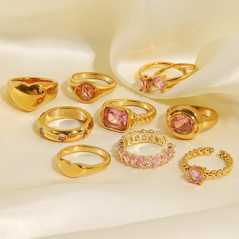 New Popular Multi Designs 18K Gold Plated Pink Cubic Zirconia Stainless Steel Finger Rings For Women and Girls