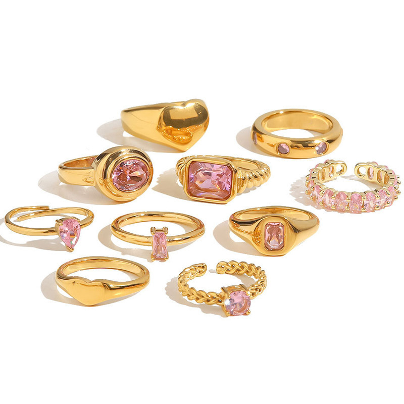 New Popular Multi Designs 18K Gold Plated Pink Cubic Zirconia Stainless Steel Finger Rings For Women and Girls