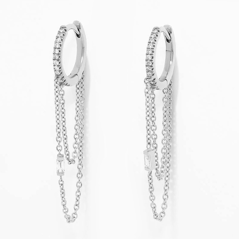 New Design 18K Gold Plated Diamond Baguette Double Chain Huggie Earrings Fashion Women Hoop Earrings