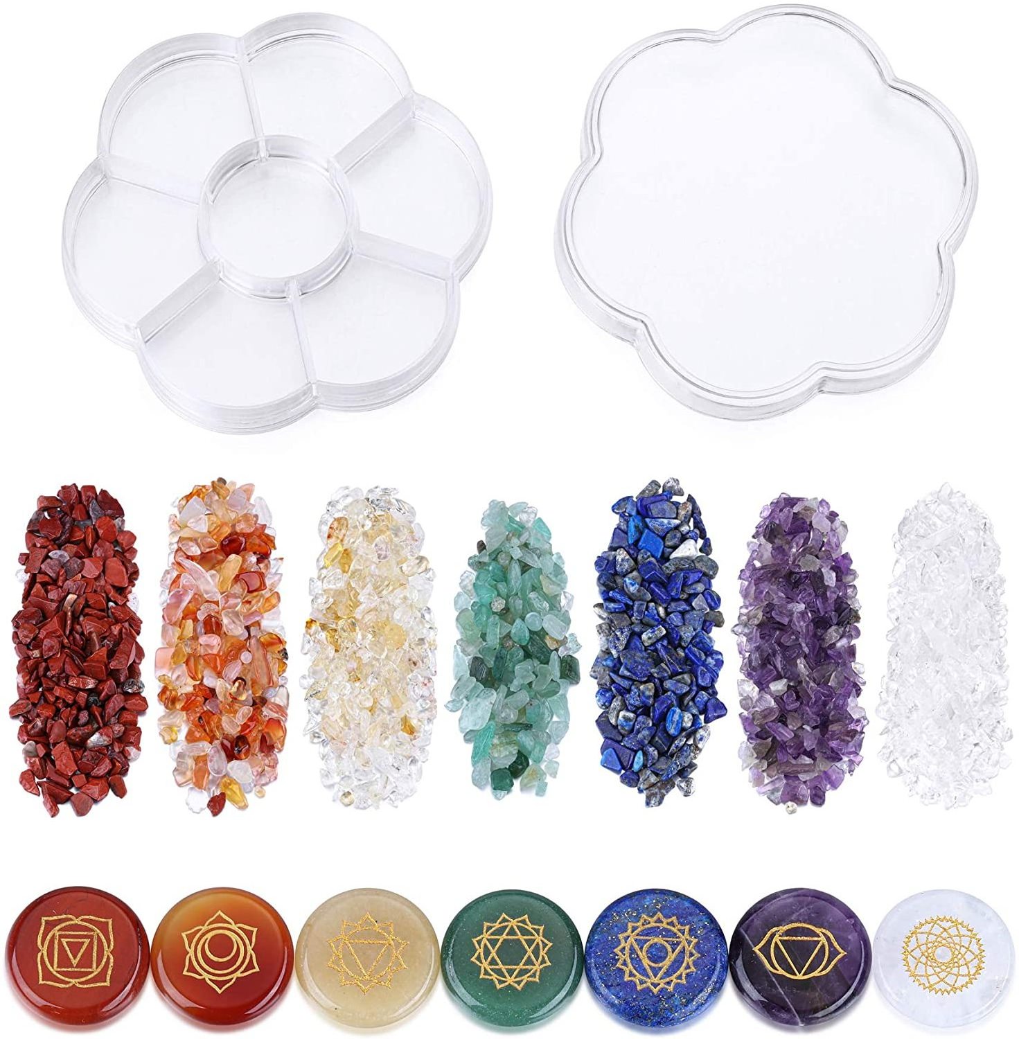 7 Chakra Crystal Stones Natural Reiki Healing Crystals Gemstones with Engraved Chakra Symbol Tumbled Polished Chakra Stone Kit