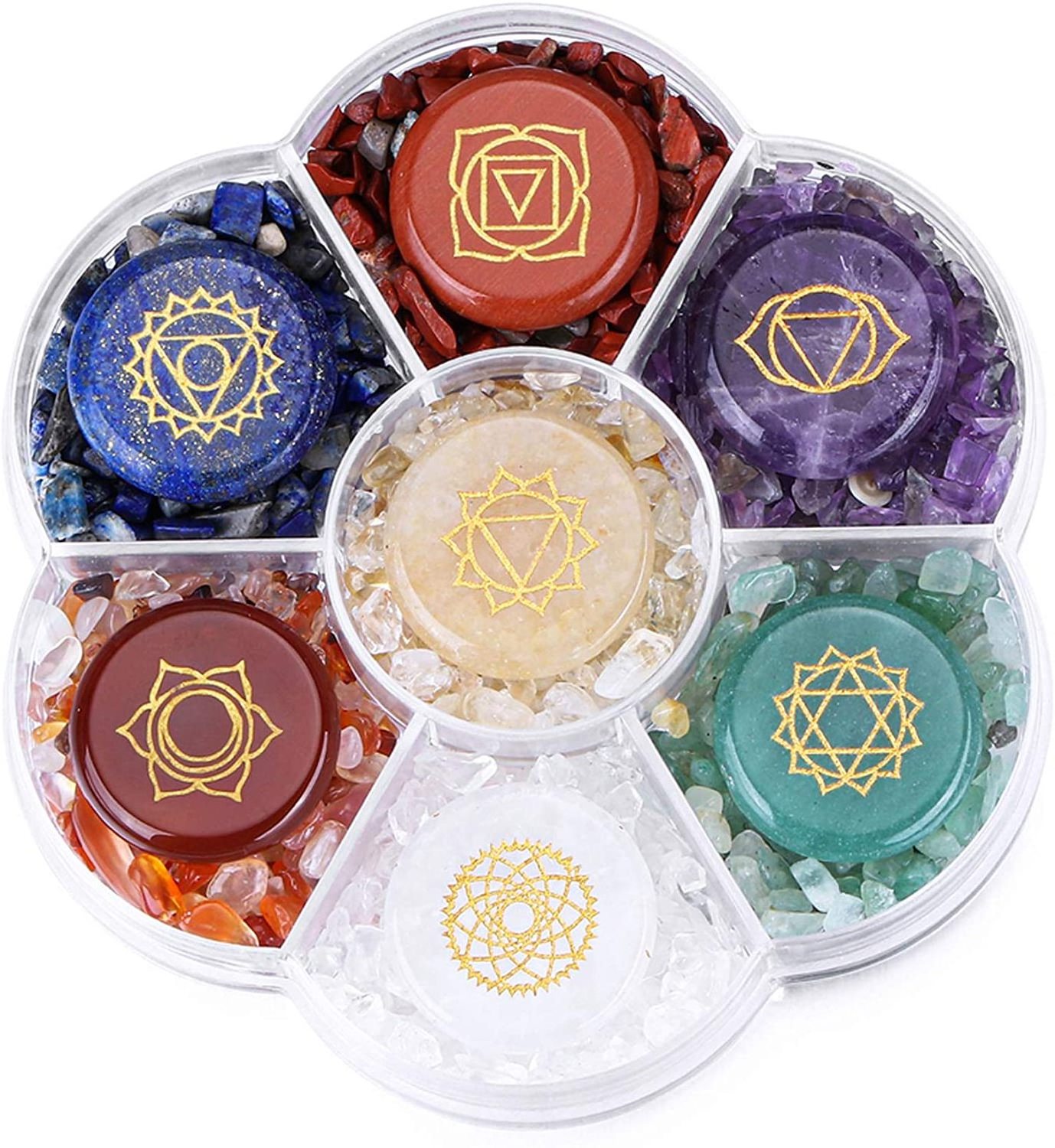 7 Chakra Crystal Stones Natural Reiki Healing Crystals Gemstones with Engraved Chakra Symbol Tumbled Polished Chakra Stone Kit