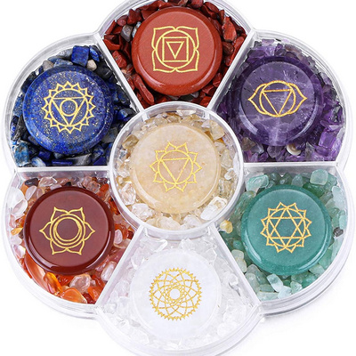 7 Chakra Crystal Stones Natural Reiki Healing Crystals Gemstones with Engraved Chakra Symbol Tumbled Polished Chakra Stone Kit