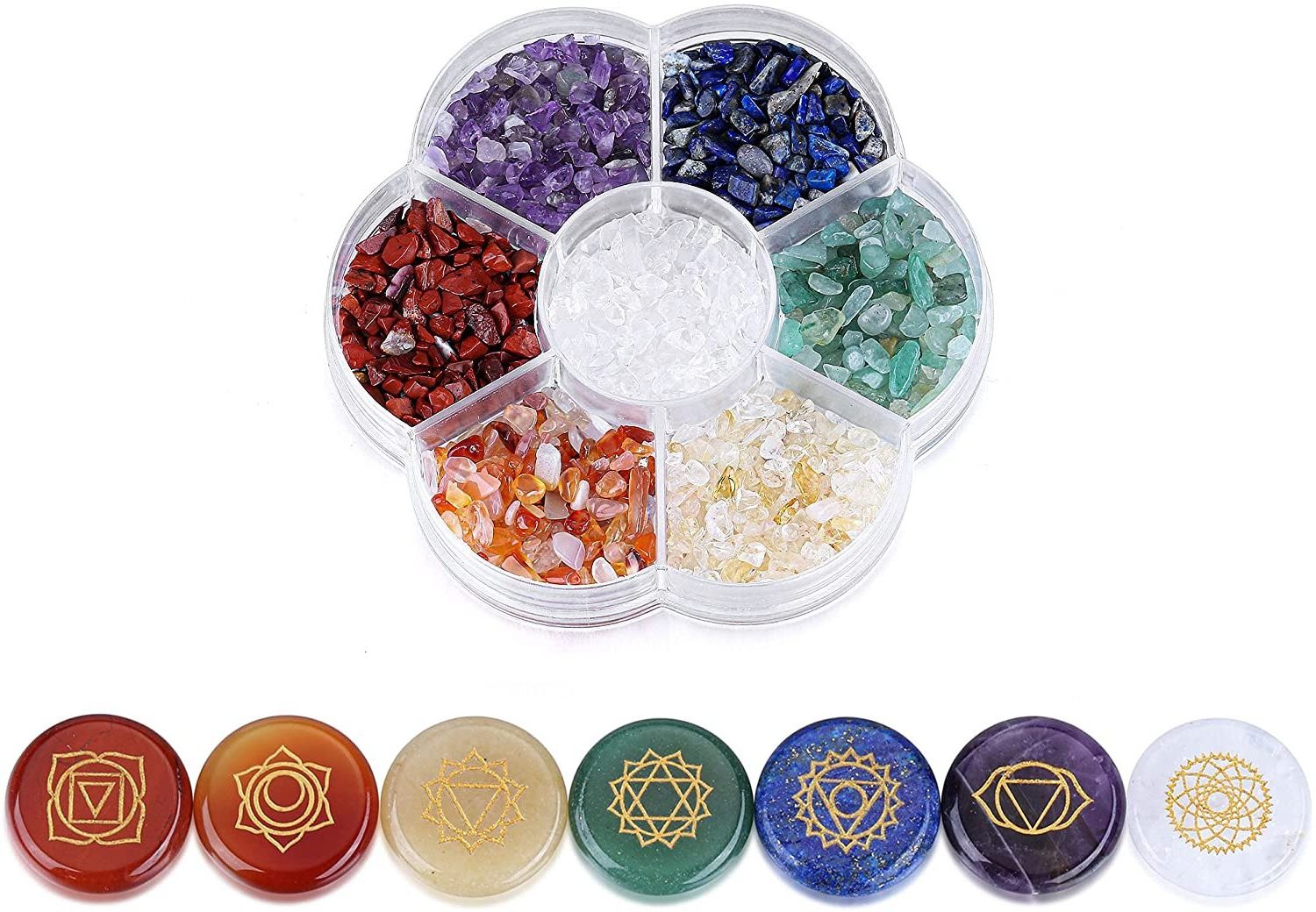 7 Chakra Crystal Stones Natural Reiki Healing Crystals Gemstones with Engraved Chakra Symbol Tumbled Polished Chakra Stone Kit