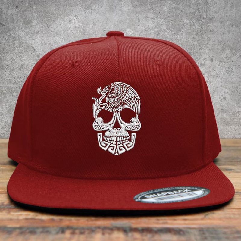 Skull Embroidered Snapback Baseball Cap Mexico Skull Flat Bill Sports Caps for Men and Women Black White Red Maroon Navy Blue