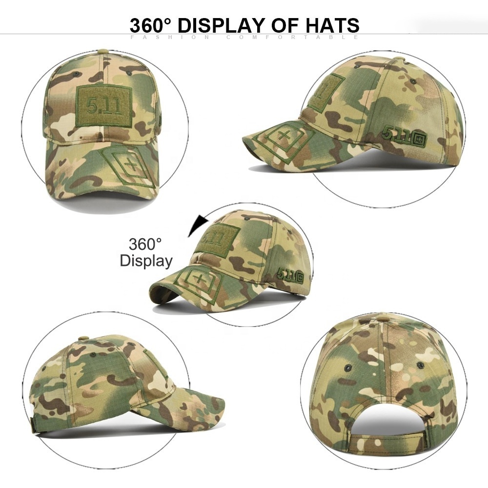 Custom Adjustable Outdoor Cotton Embroidery Cap Tactical Camouflage Baseball Cap, hook and loop backing Camping Caps Hats