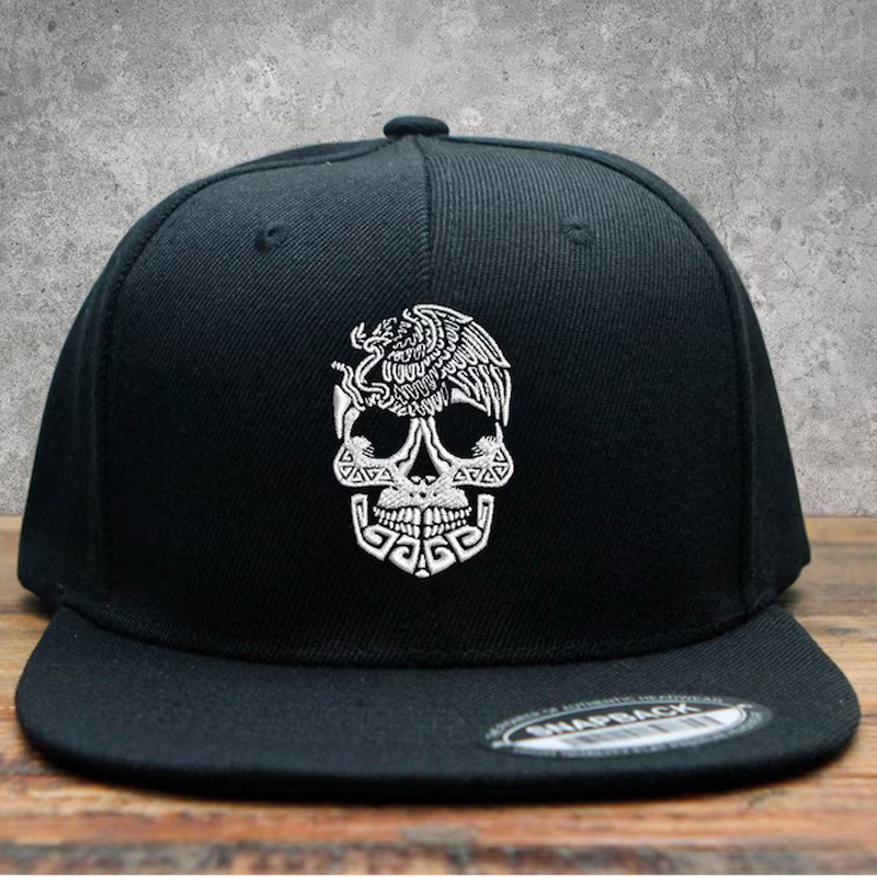 Skull Embroidered Snapback Baseball Cap Mexico Skull Flat Bill Sports Caps for Men and Women Black White Red Maroon Navy Blue