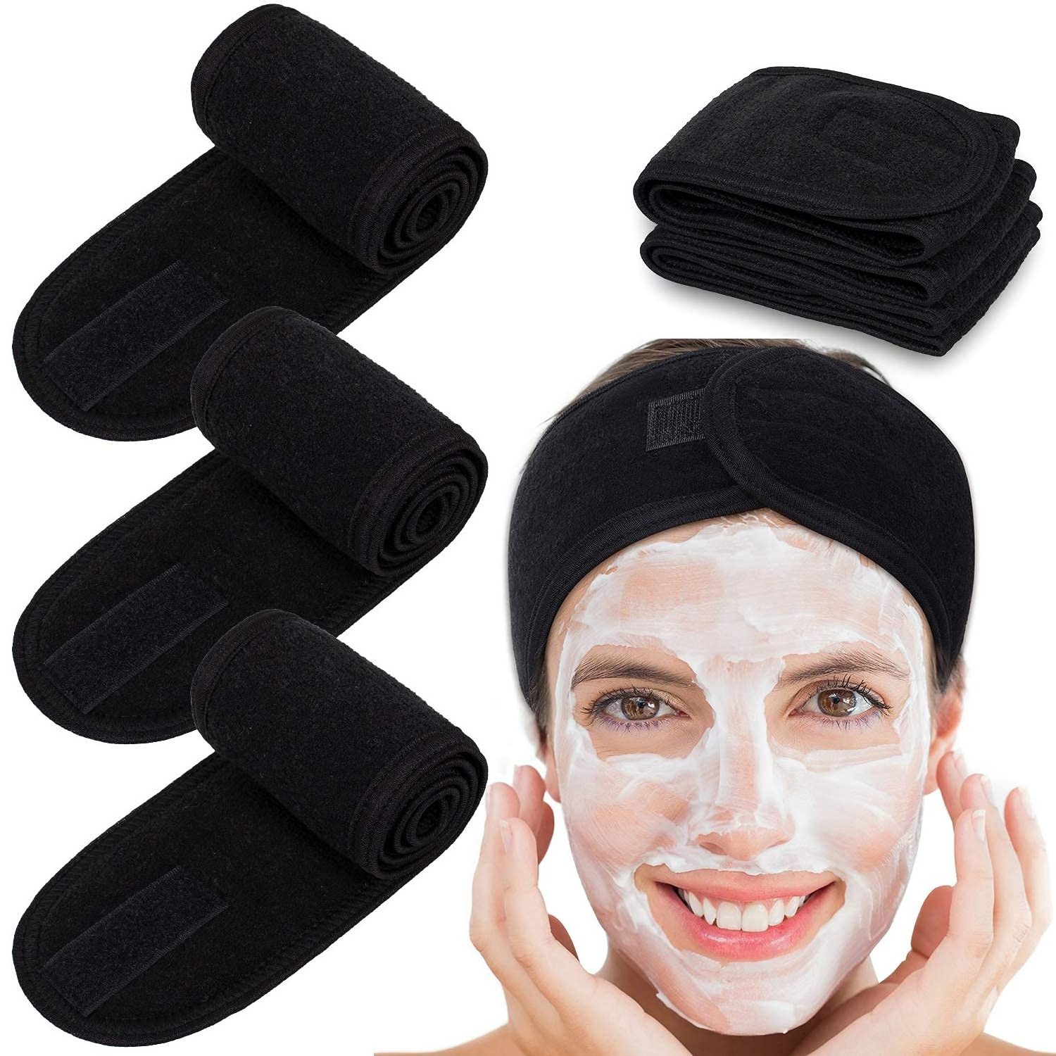 Custom Logo Spa Facial Headband Head Wrap Terry Cloth Headband Stretch Towel with Magic Tape for Bath, Makeup and Sport