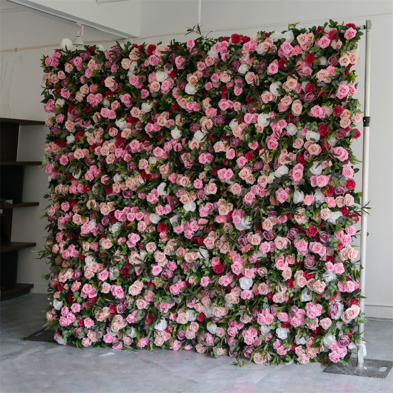 LFB1597-cloth 5D Roll Up Flower Wall Backdrop Artificial Pink Rose Flower Wedding Floral Greenery Wall Panel