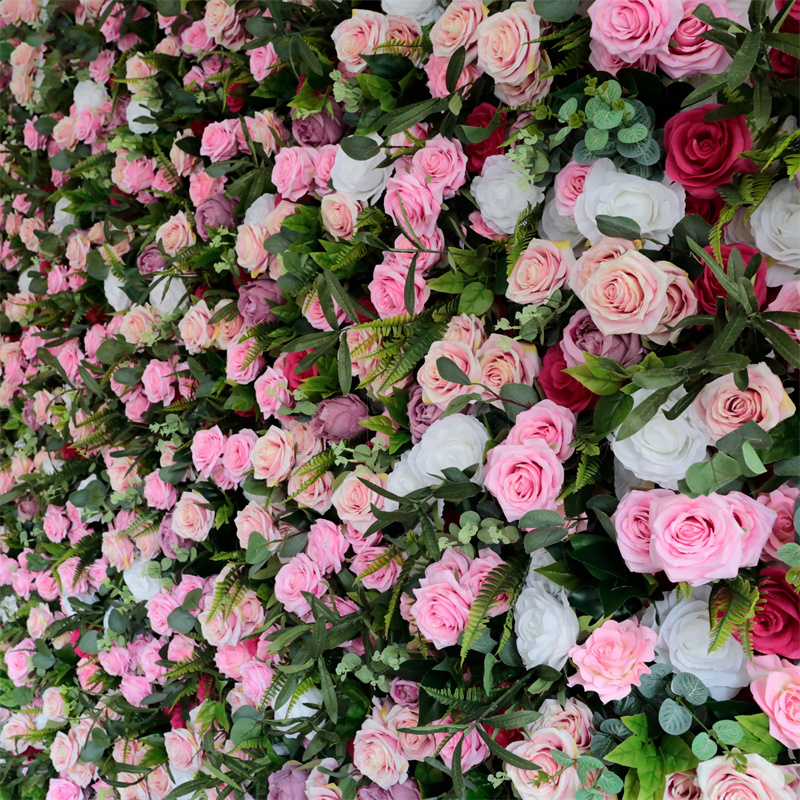 LFB1597-cloth 5D Roll Up Flower Wall Backdrop Artificial Pink Rose Flower Wedding Floral Greenery Wall Panel