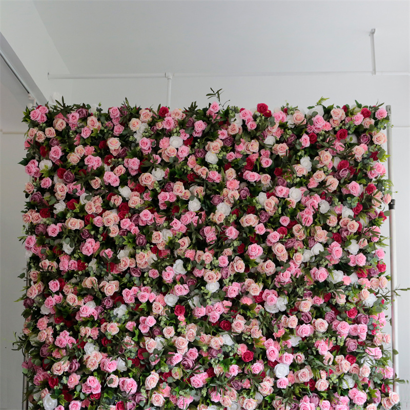 LFB1597-cloth 5D Roll Up Flower Wall Backdrop Artificial Pink Rose Flower Wedding Floral Greenery Wall Panel