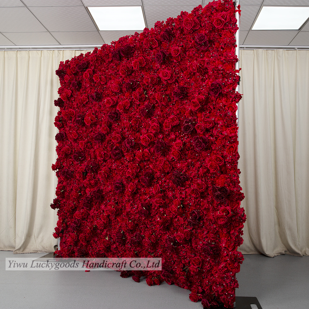 5d Red Flower Wall Artificial Silk Roses Flower Wall Backdrop Panel Wedding Decoration LFB1609-1