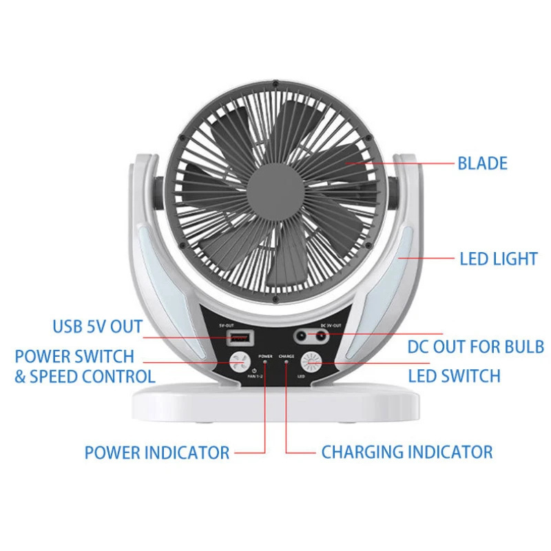 Solar Electric Fan Energy AC/DC 6in Rechargeable Table Fan Outdoor with LED USB Ports Home Office Cooling Air Fan Household