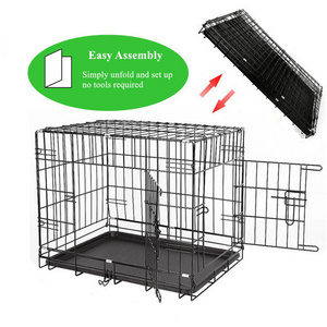 Dog Fence Cage Double Door Custom Folding Metal Pet Crates Dog Cage for Large Dogs with Plastic Tray