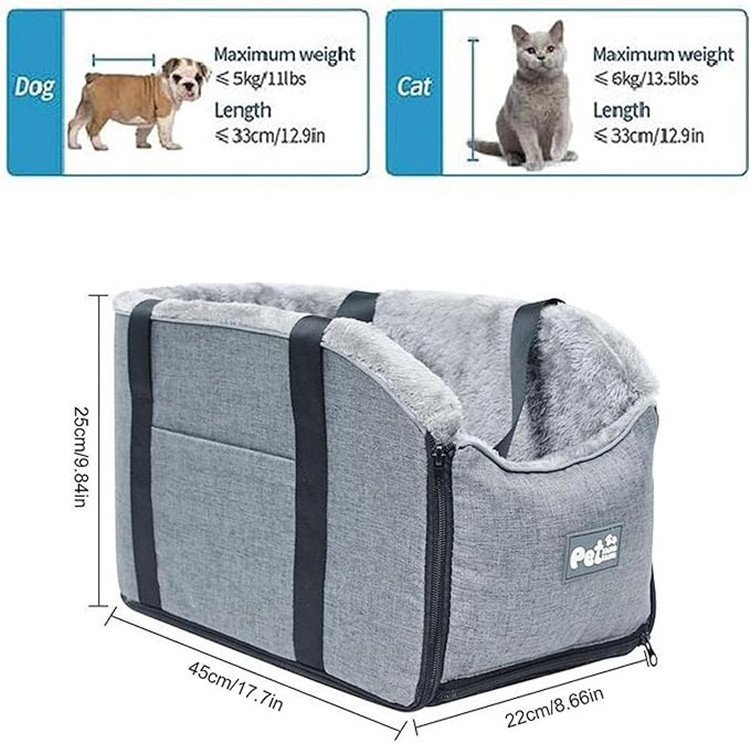 Washable Non-slip Grey Center Console Dog Car Seat Bed Dog Car Booster Seat with Shoulder Straps