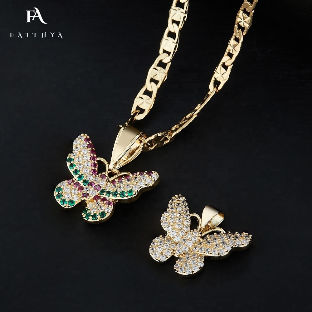 FP1011 Wholesale Oro Laminated Necklace Jewelry Zircon Moissanite Gold Filled Stainless Steel Diamond Butterfly Pendant