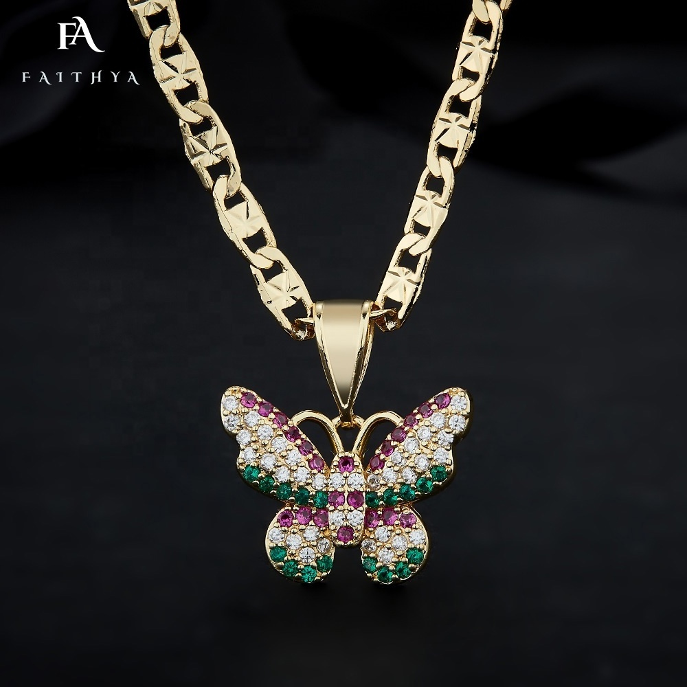 FP1011 Wholesale Oro Laminated Necklace Jewelry Zircon Moissanite Gold Filled Stainless Steel Diamond Butterfly Pendant