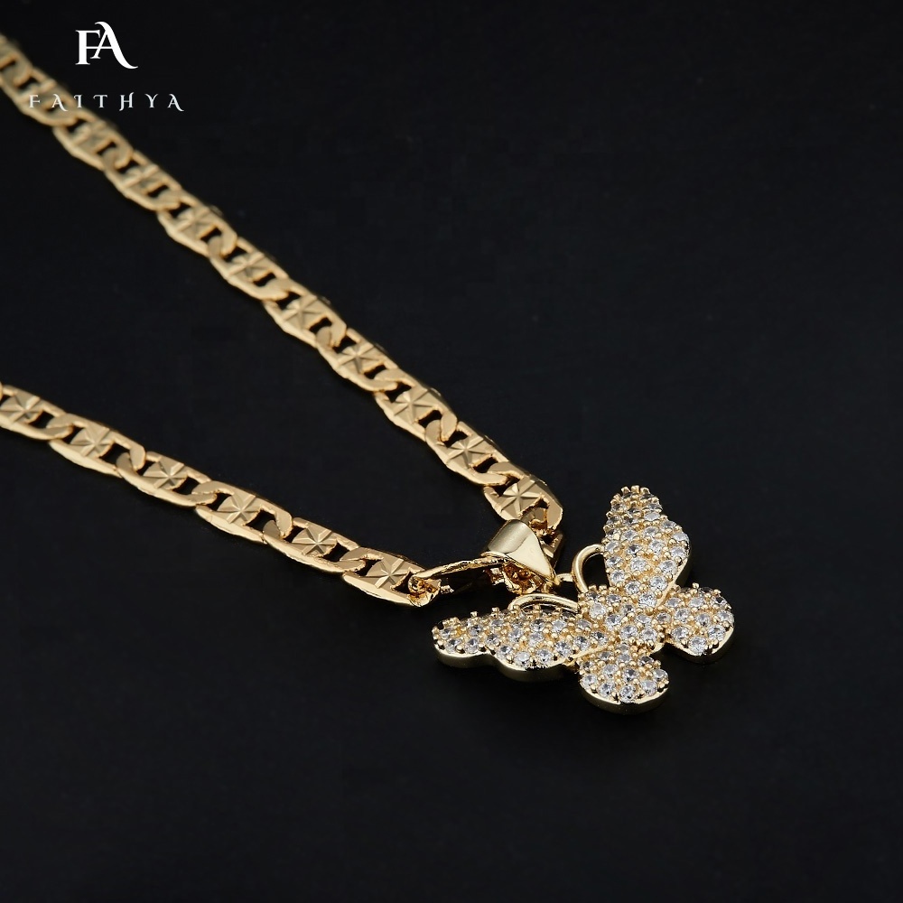 FP1011 Wholesale Oro Laminated Necklace Jewelry Zircon Moissanite Gold Filled Stainless Steel Diamond Butterfly Pendant