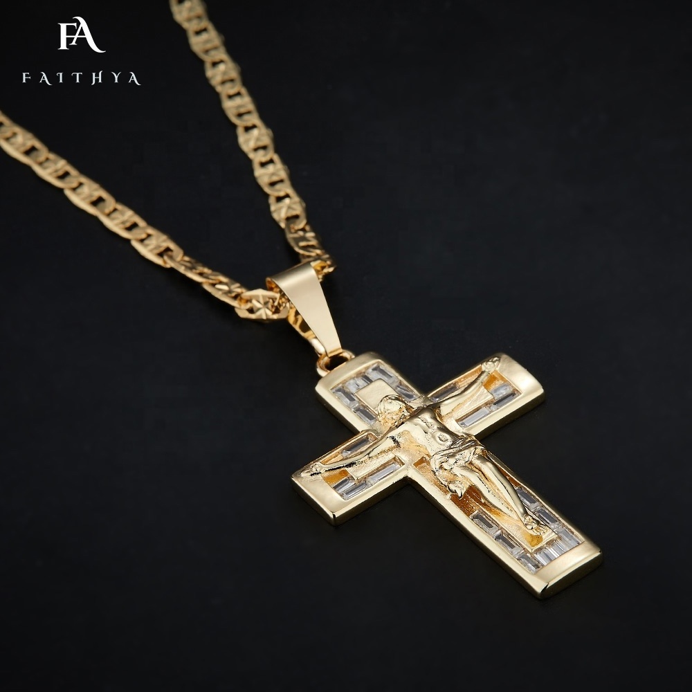 FP1049 Custom Christian Oro Laminated Cross Religious Redemption Savior Jesus Crucifix Solid Gold Jewelry Pendent Necklace