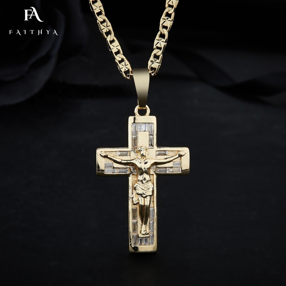 FP1049 Custom Christian Oro Laminated Cross Religious Redemption Savior Jesus Crucifix Solid Gold Jewelry Pendent Necklace