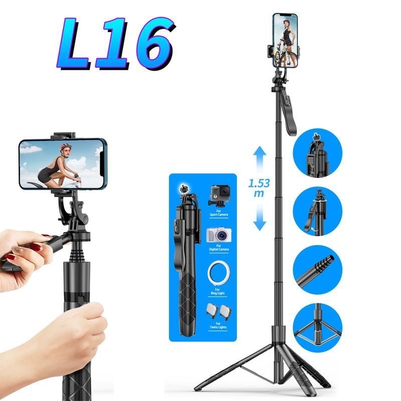 L16 Multifunctional Balance and Stable Umbrella-style Live Streaming Tripod self stick extend 1550 with Bluetooth Selfie Stick.