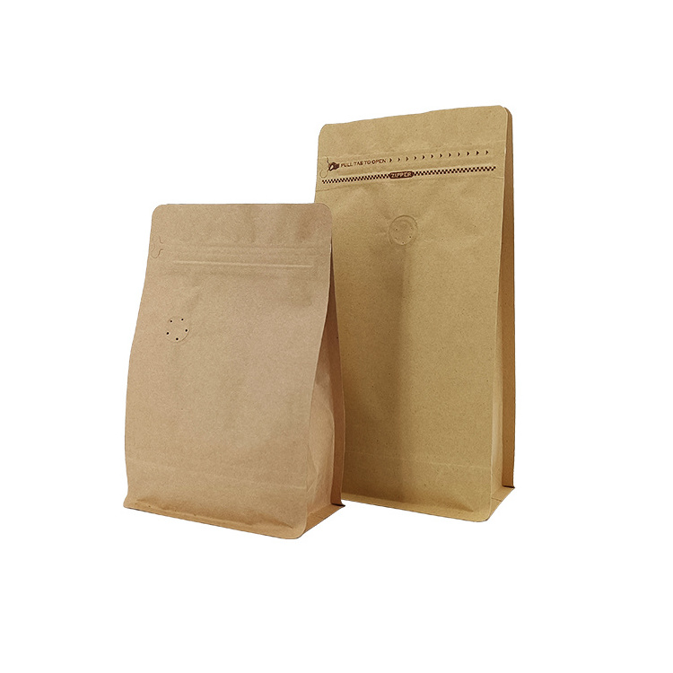 Custom Printed Compostable Stand Up Pouch Flat Bottom Premium Kraft Paper Coffee Bags With Valve And Zipper