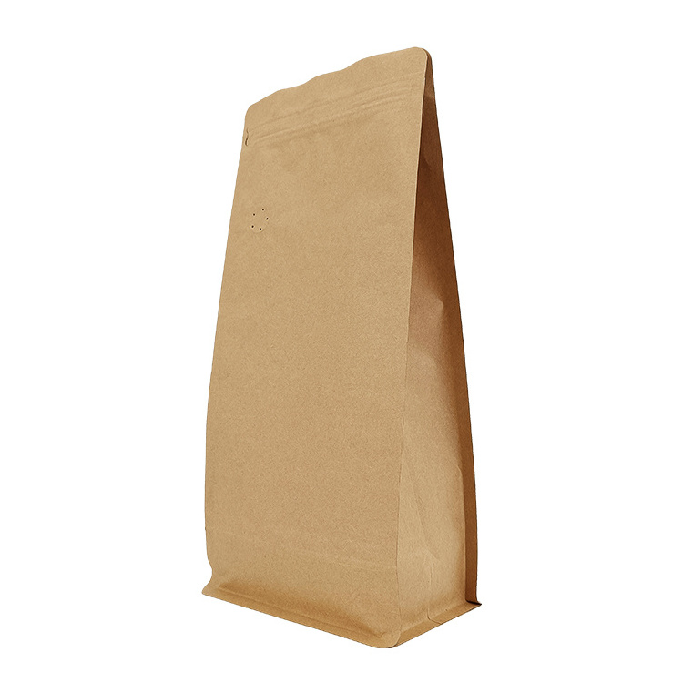 Custom Printed Compostable Stand Up Pouch Flat Bottom Premium Kraft Paper Coffee Bags With Valve And Zipper