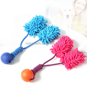 Microfiber Mop Toy Bungee Handle Dog Craft Durable Interactive Dog Chew Tug Toy with EVA ball