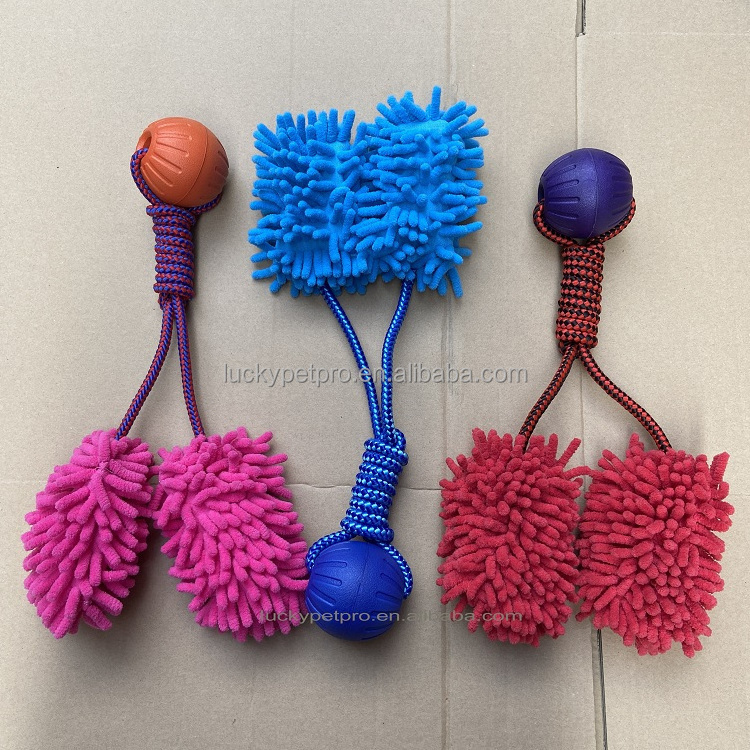 Microfiber Mop Toy Bungee Handle Dog Craft Durable Interactive Dog Chew Tug Toy with EVA ball