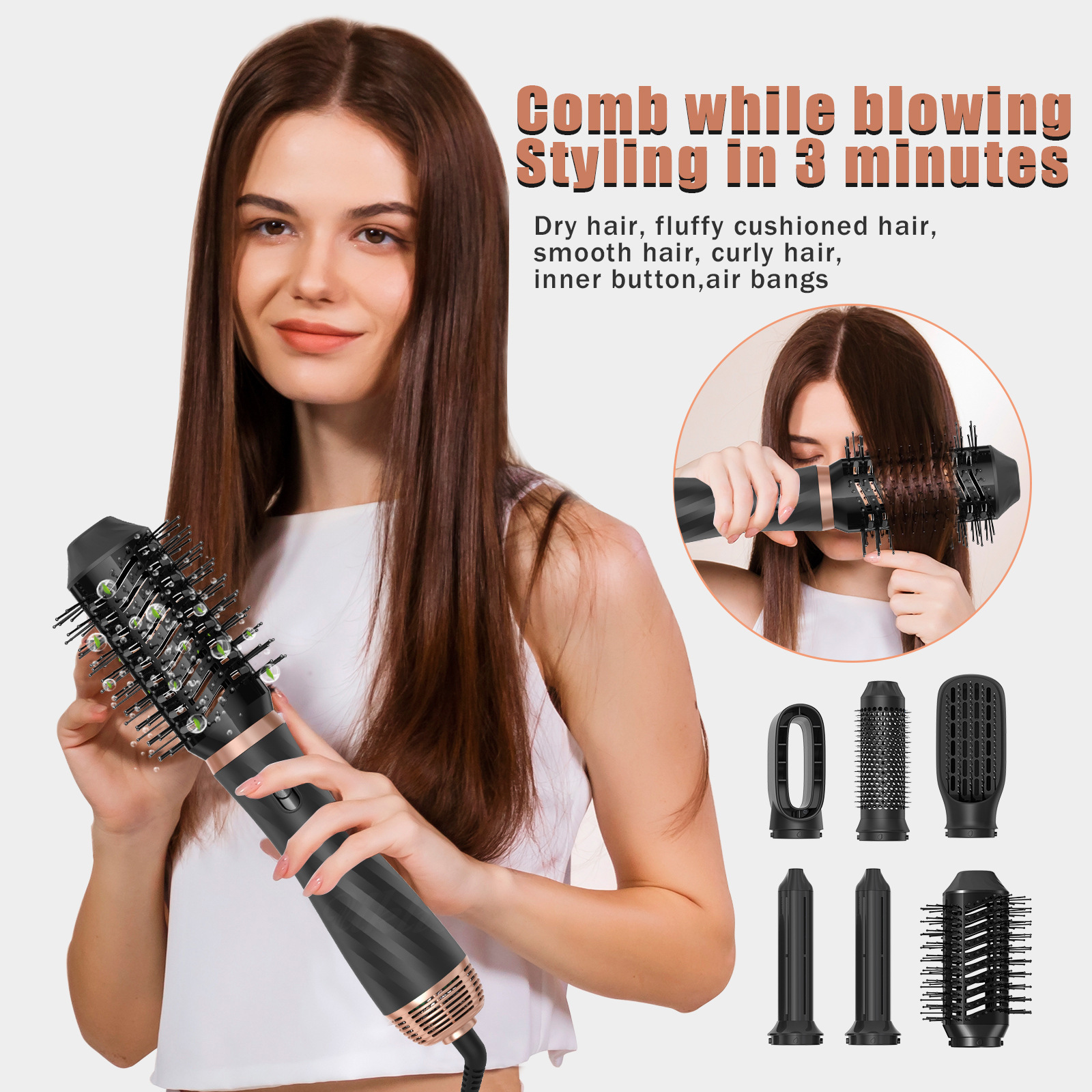 5 in 1Hot Air Comb Automatic Curling Stick Curling and Straightening Dual-purpose Hair Styling Comb Electric Hair Dryer