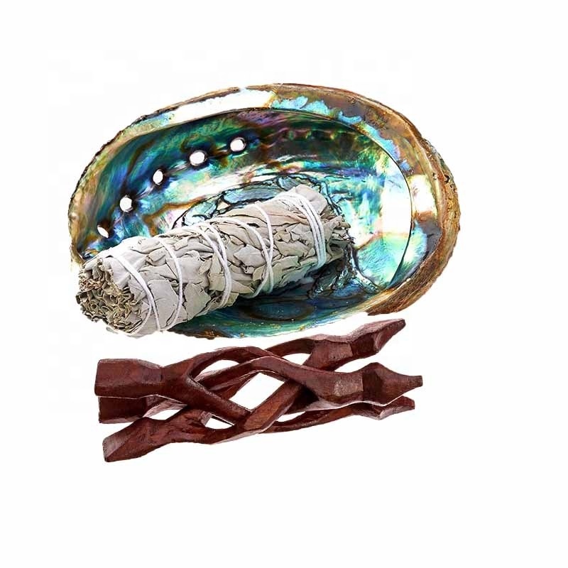 Abalone Shell Smudging Kit With 2xWhite Sage, 1xNatural Untouched Raw Abalone Shell, 1xWood Shell Stand,