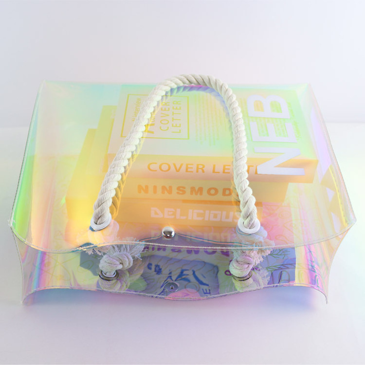 Custom Holographic PVC Shopping Tote Bag Transparent Beach Bag with Thick Handle