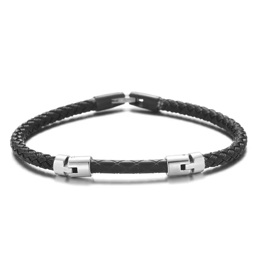 High Polished Men Luxury 316L Stainless Steel Knight Black Snake Skin Cool Jewelry Leather Bracelet for Men and Women DIY