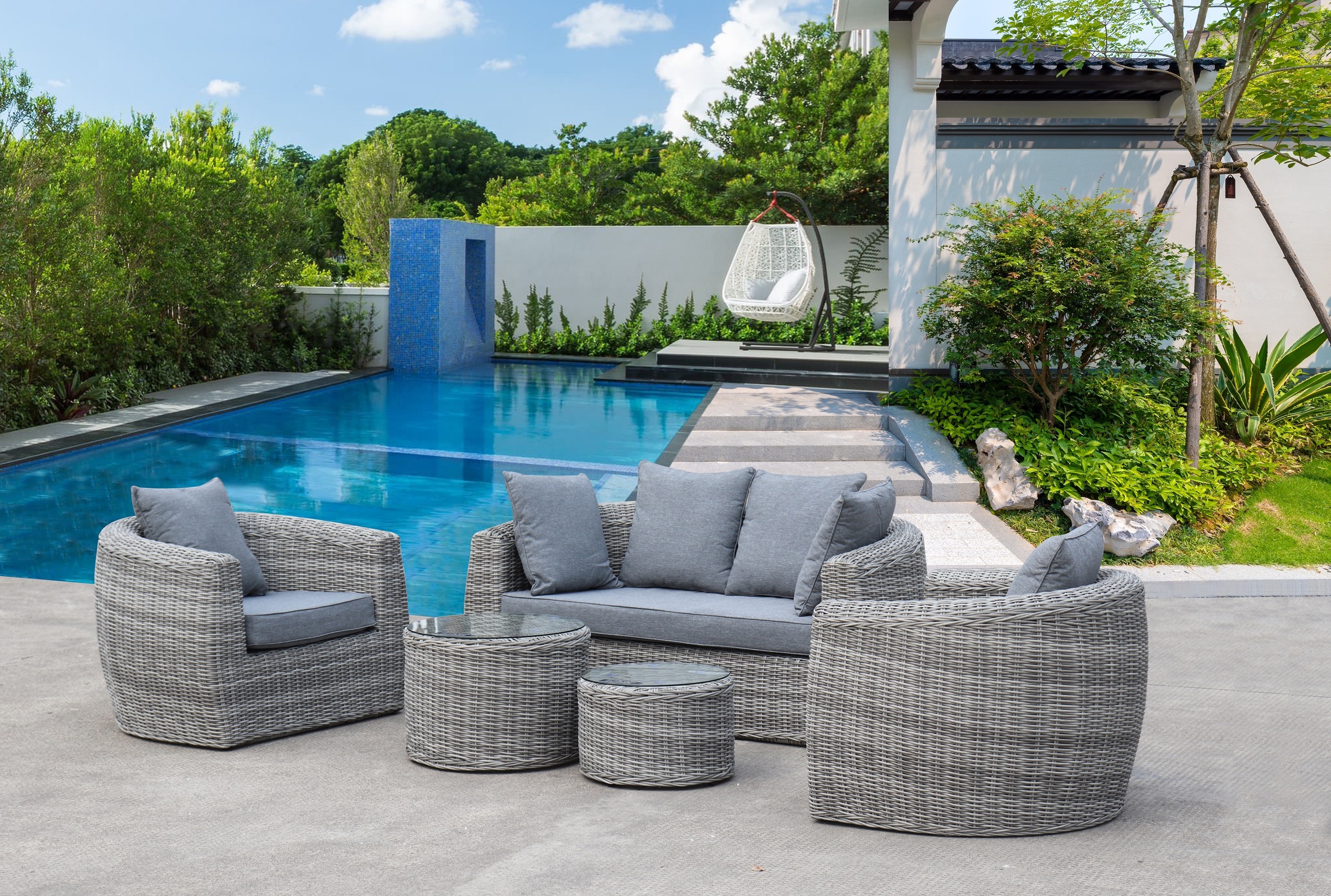 Model Garden Furniture Outdoor Sofa With Modern Design Luxury PE Rattan Sofa Set Of 5 Modern Patio Rattan Water Proof Sofa Set