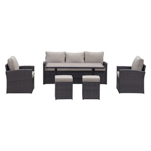 6 Piece Patio Dinning Set All Weather Rattan Wicker Furniture Set with Wood Grain Top Table and Soft Cushions