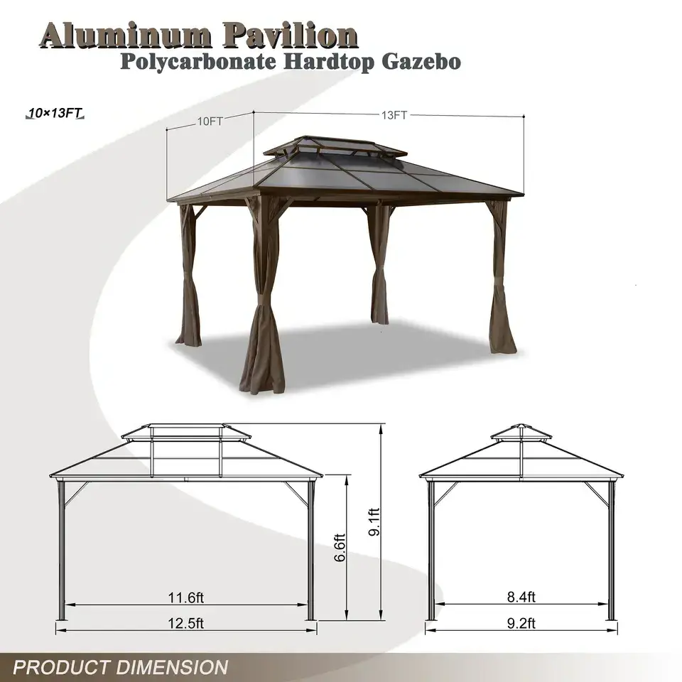 NOWENSOL 10x13 Hard top Pavilion Double Room PC Roof Canopy Outdoor Aluminum Frame Permanent Metal Pavilion with Net and Curtain