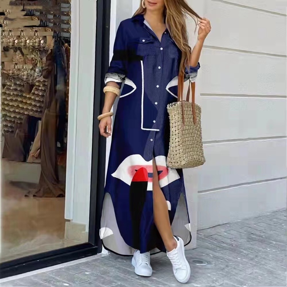 Hot Selling Woman Shirt Dress Fashion Printed Woman Long Dress Fall Clothing For Women