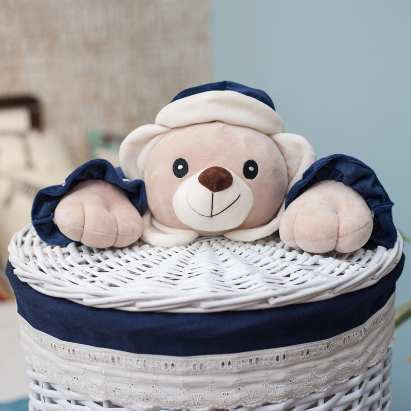 Factory direct wholesale 3 piece set wicker  laundry baskets willow storage  basket with teddy bear decoration