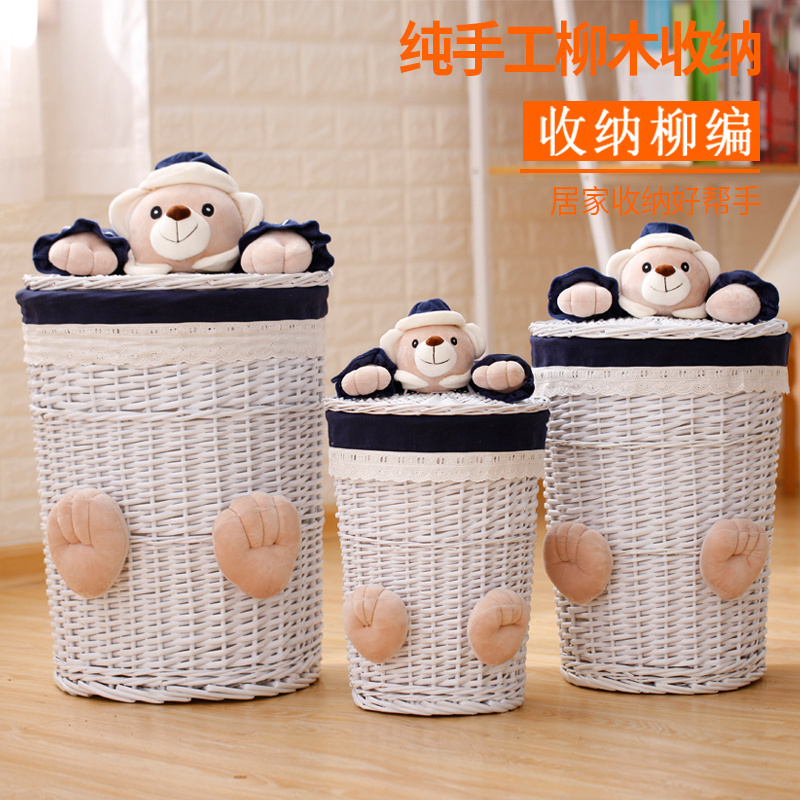 Factory direct wholesale 3 piece set wicker  laundry baskets willow storage  basket with teddy bear decoration