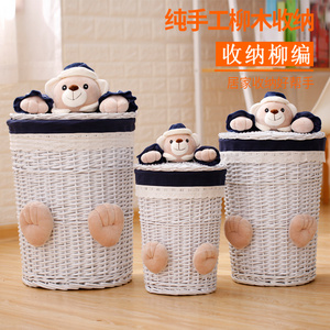 Factory direct wholesale 3 piece set wicker  laundry baskets willow storage  basket with teddy bear decoration