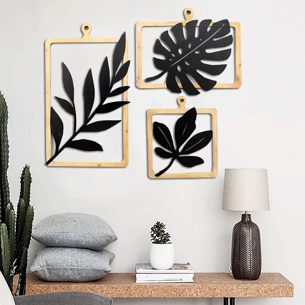 Wall Decor Interior Pieces Luxury Display Gold House Wood Frame Wrought Iron Meta Wall Art Hanging Leaf Flower Home Wall Decor