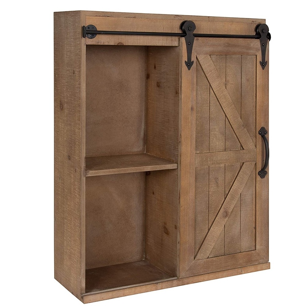 Luckywind Farmhouse Rustic Small Brown Wood Wall Storage Shelf Cabinet with Sliding Barn Door