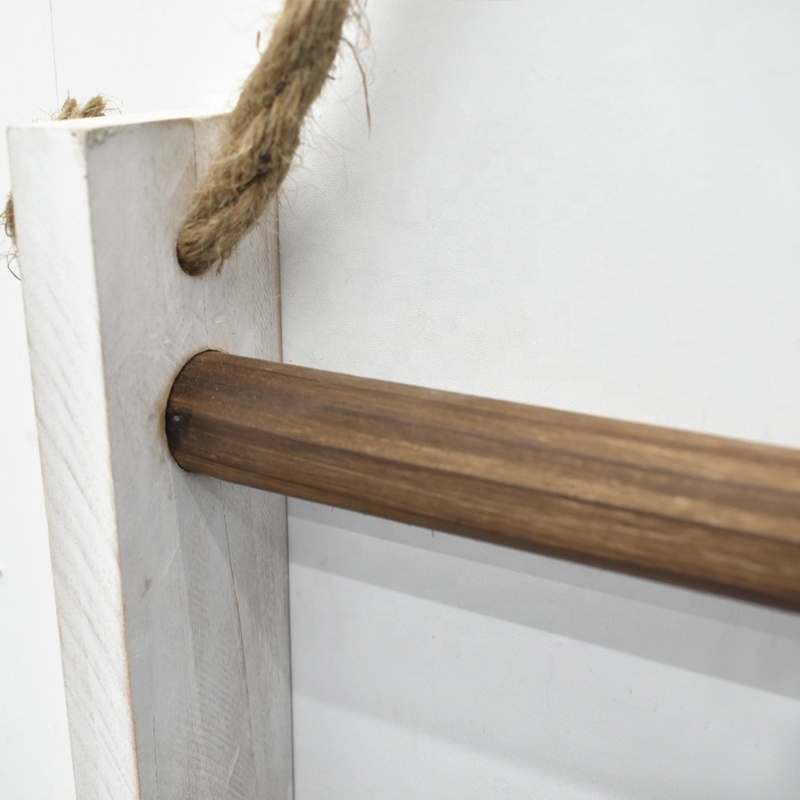 Rustic Whitewashed Wood Wall Hanging 3 Tier Hand Towel Ladder Rack, Bathroom Towel Storage Rack with Top Rope