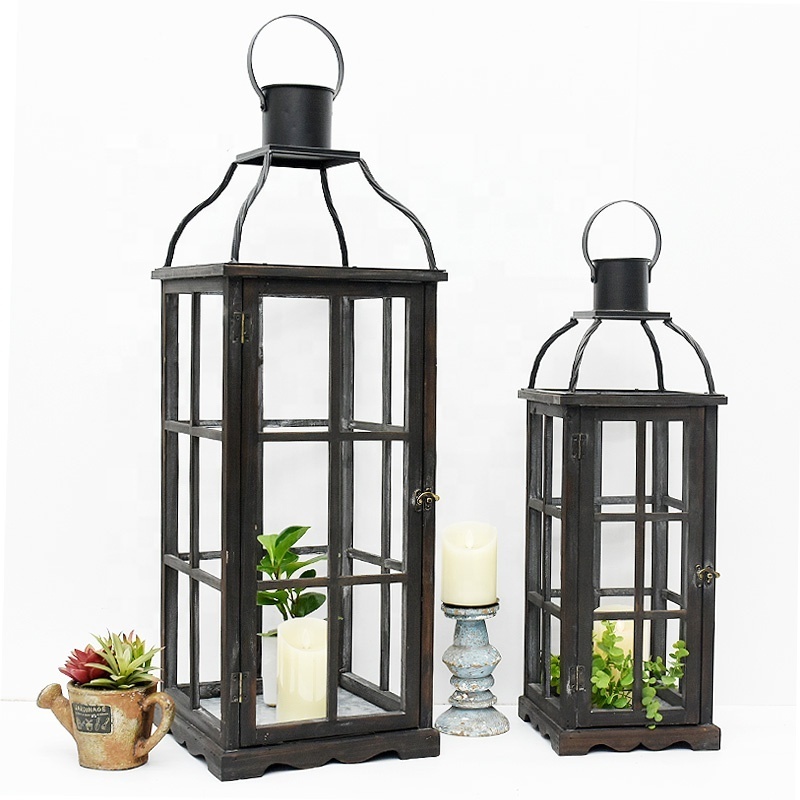 Luckywind Set of 2 Large Rustic Farmhouse black Tall hurricane Lantern outdoor Garden Decor Wood LED Candle Holder Lantern