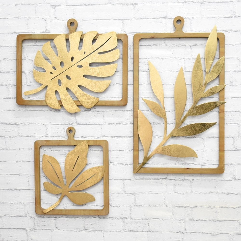 Wall Decor Interior Pieces Luxury Display Gold House Wood Frame Wrought Iron Meta Wall Art Hanging Leaf Flower Home Wall Decor