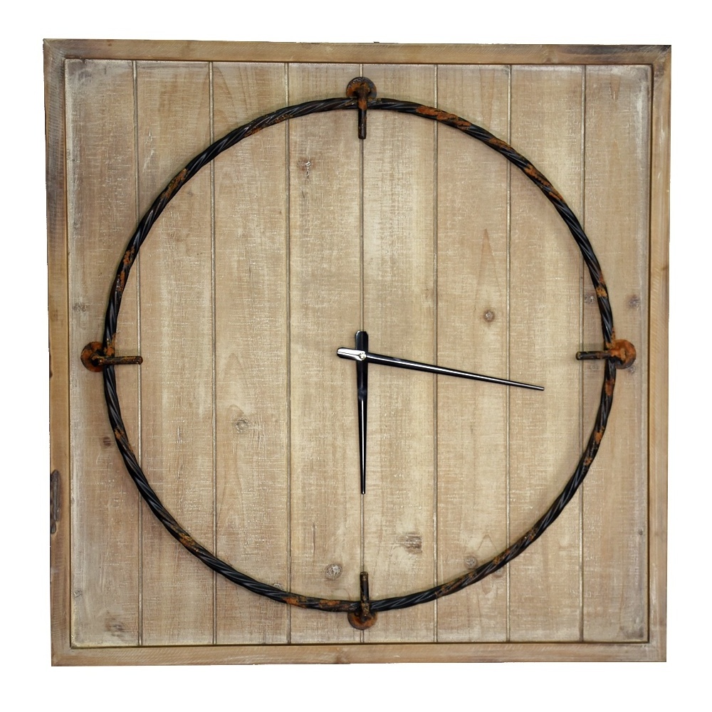 Luckywind 24 inch Rustic Retro Unique Simple Design Numberless Wood Craft Square Shape Wooden Wall Clock For Bedroom living room