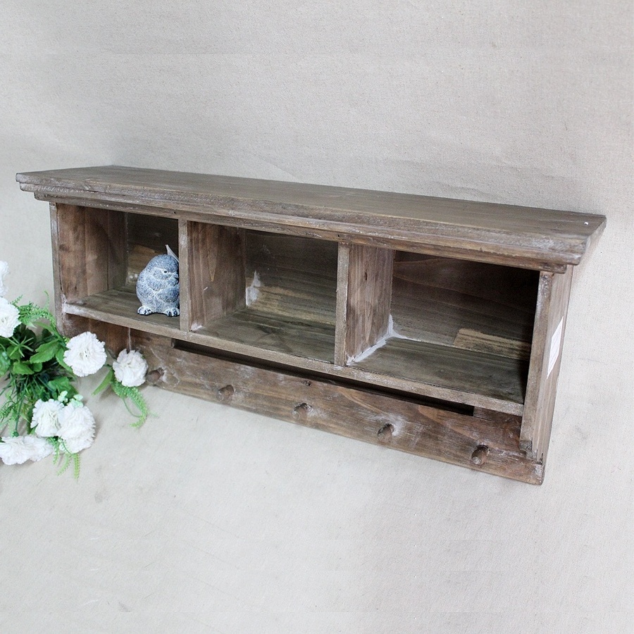 Vintage Rustic Brown Wall Solid Fir Wooden Entryway Shelf with Hook