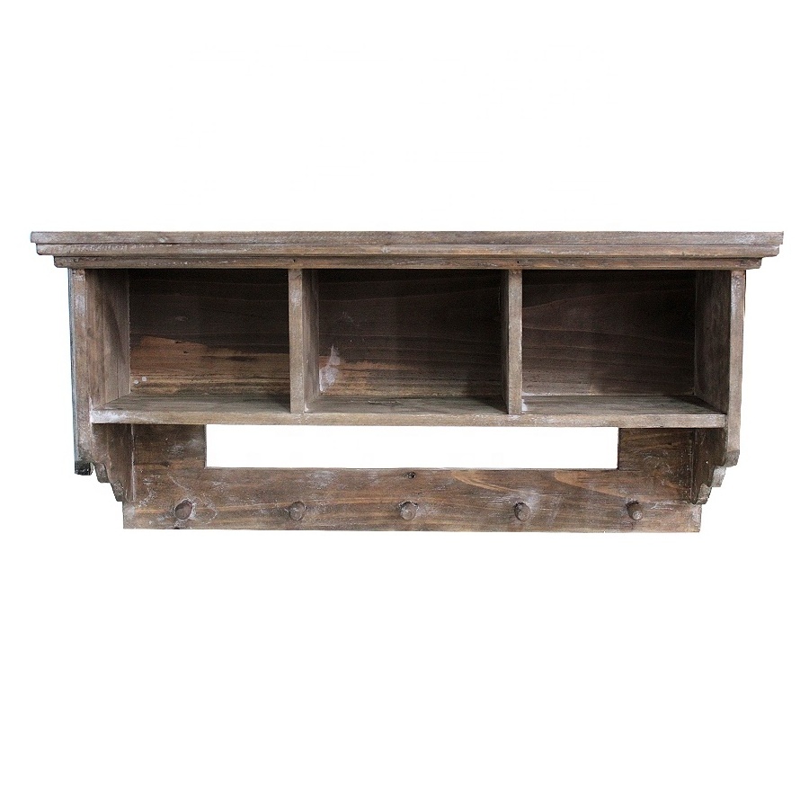 Vintage Rustic Brown Wall Solid Fir Wooden Entryway Shelf with Hook