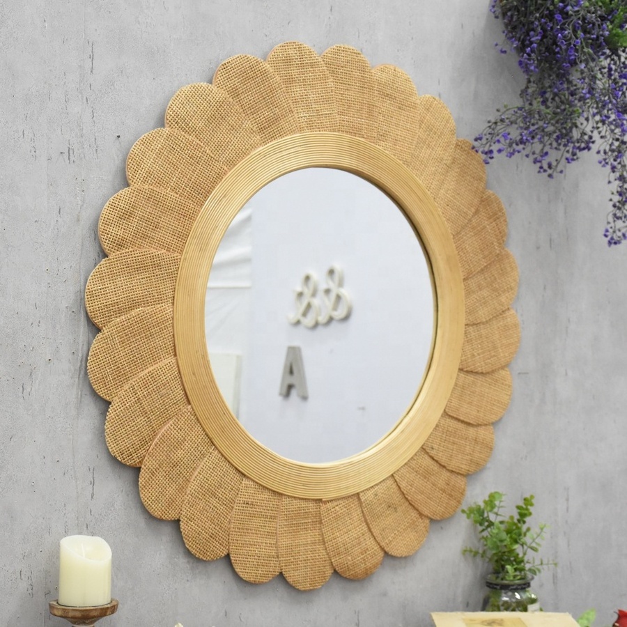 Home Decoration Flower Shaped Natural Rattan Cane MIRROR Living Room Hand woven Rattan Wall Decoration Mirror