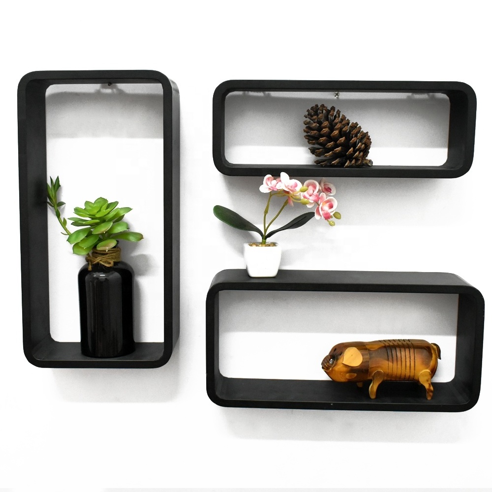 Luckywind Set of 3 Black WALLNITURE Modern Home Decor Small Rectangle Cube Floating Wall Shelf